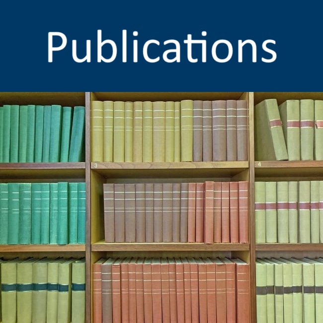 Click to go to Publications page, with a picture of bound collections of academic journals