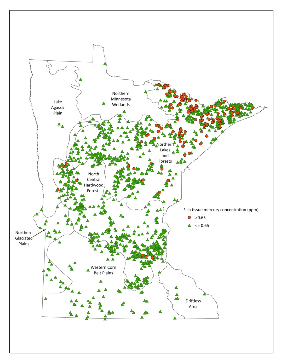 Map of Minnesota showing high concentrations of mercury in fish in northeastern areas