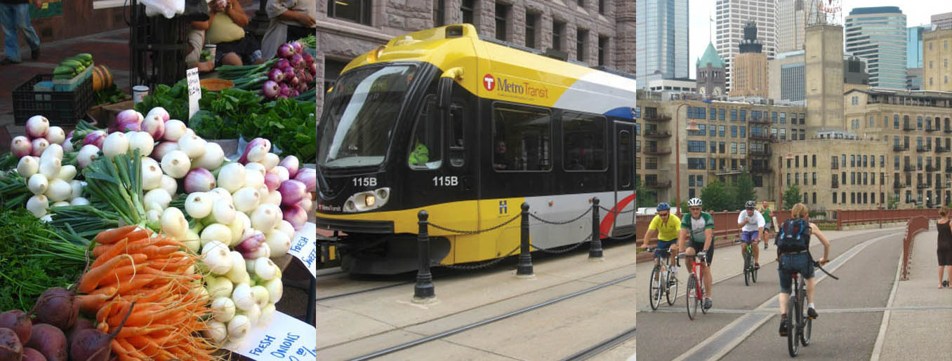 image of produce, a light rail car and people bicycling on the Stone Arch bridge.