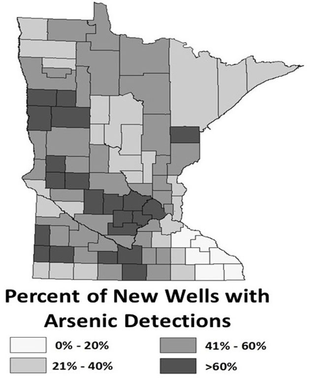 Map shows the percent of new wells with arsenic detections in Minnesota. The counties with the highest percentage of new wells with arsenic detections are in central and west central Minnesota.