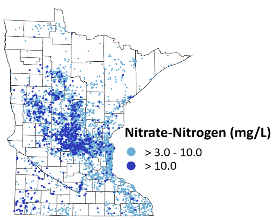 Map of Minnesota with dots representing new wells with nitrate above 3 mg/L and above 10 mg/L.