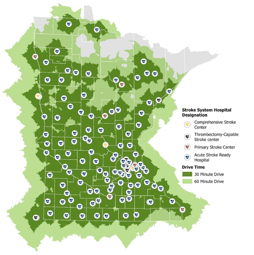Map of Minnesota showing driving time to designated stroke hospitals