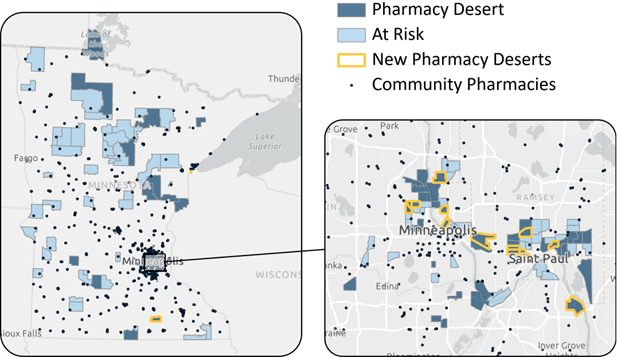 map of minnesota showing pharmacy desert areas, mostly in the Twin Cities metro