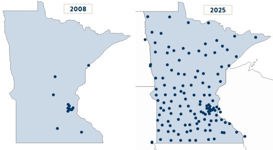 Side by side maps of Minnesota showing stroke designated hospitals in 2008 and 2025
